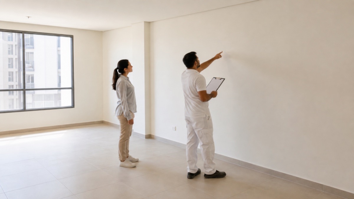 Painter and client inspecting a dry repainted wall in a Dubai apartment
