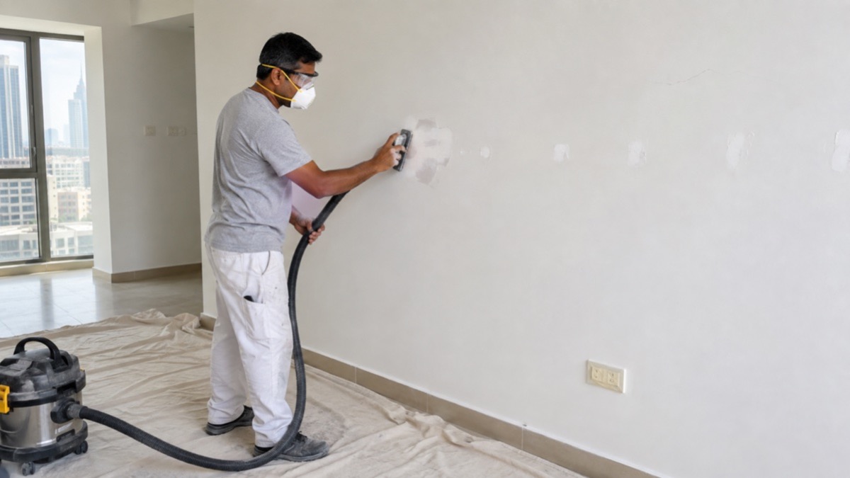 Painter using dust extraction while sanding filled wall holes in a Dubai apartment