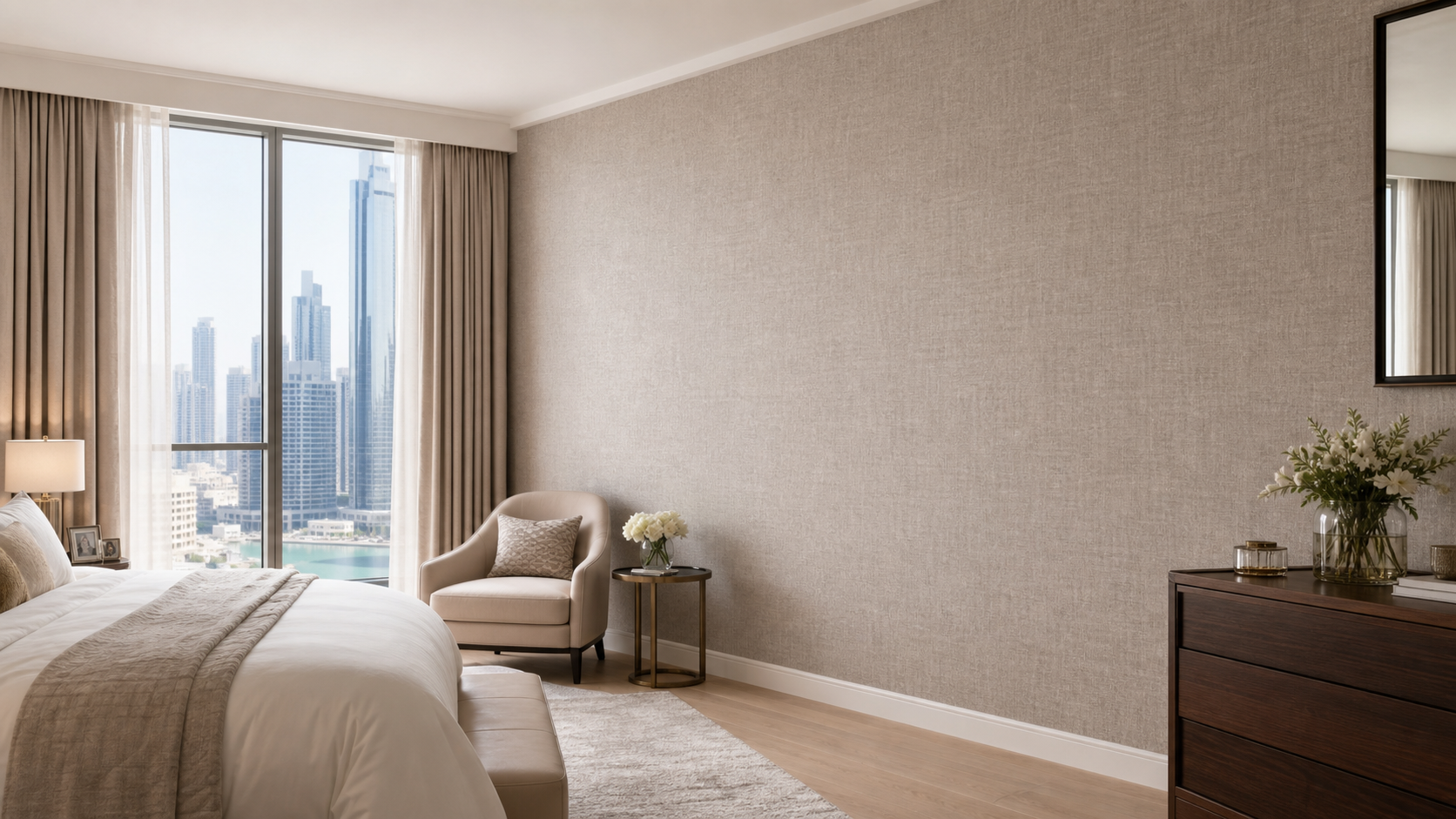 finished neutral wallpaper feature wall in a Dubai apartment bedroom