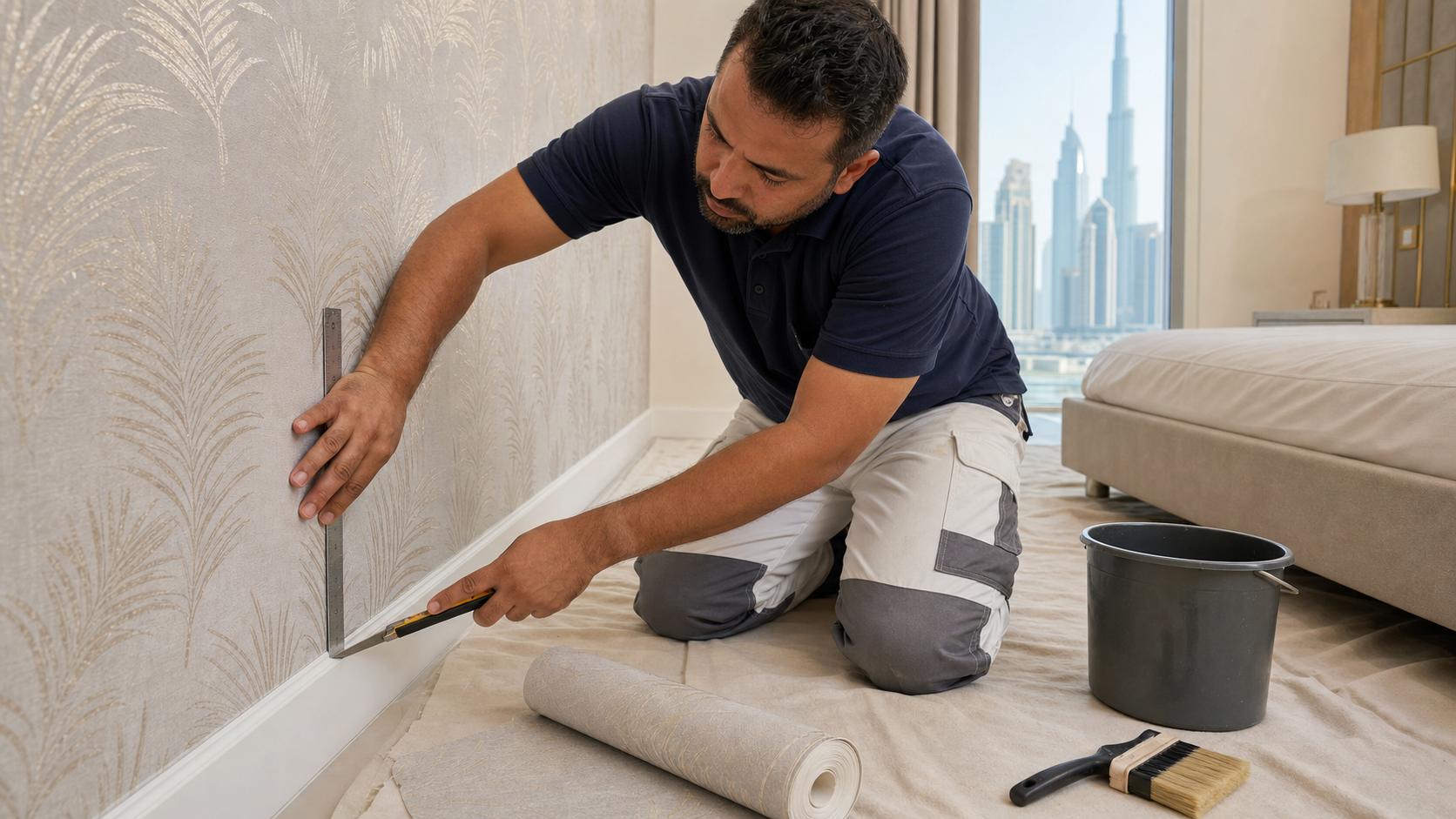 male installer trimming wallpaper along a skirting board in a Dubai bedroom