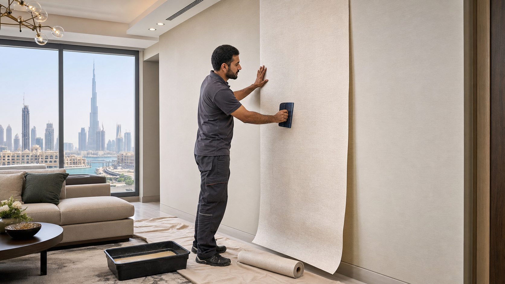 male wallpaper installer smoothing a feature wall in a Dubai apartment