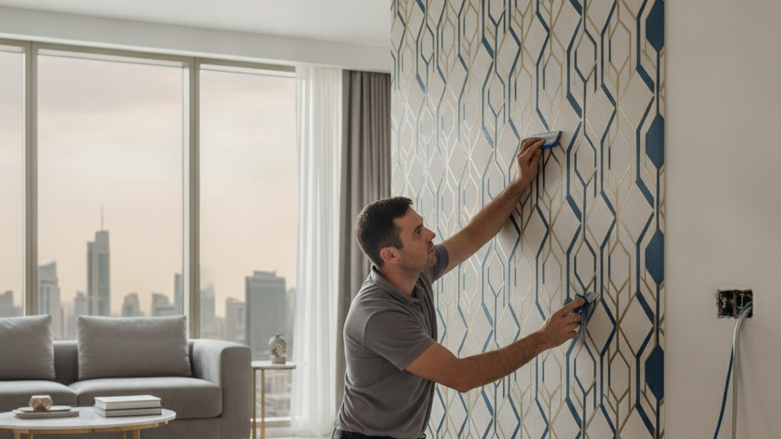 installer applying wallpaper on a feature wall in a Dubai apartment