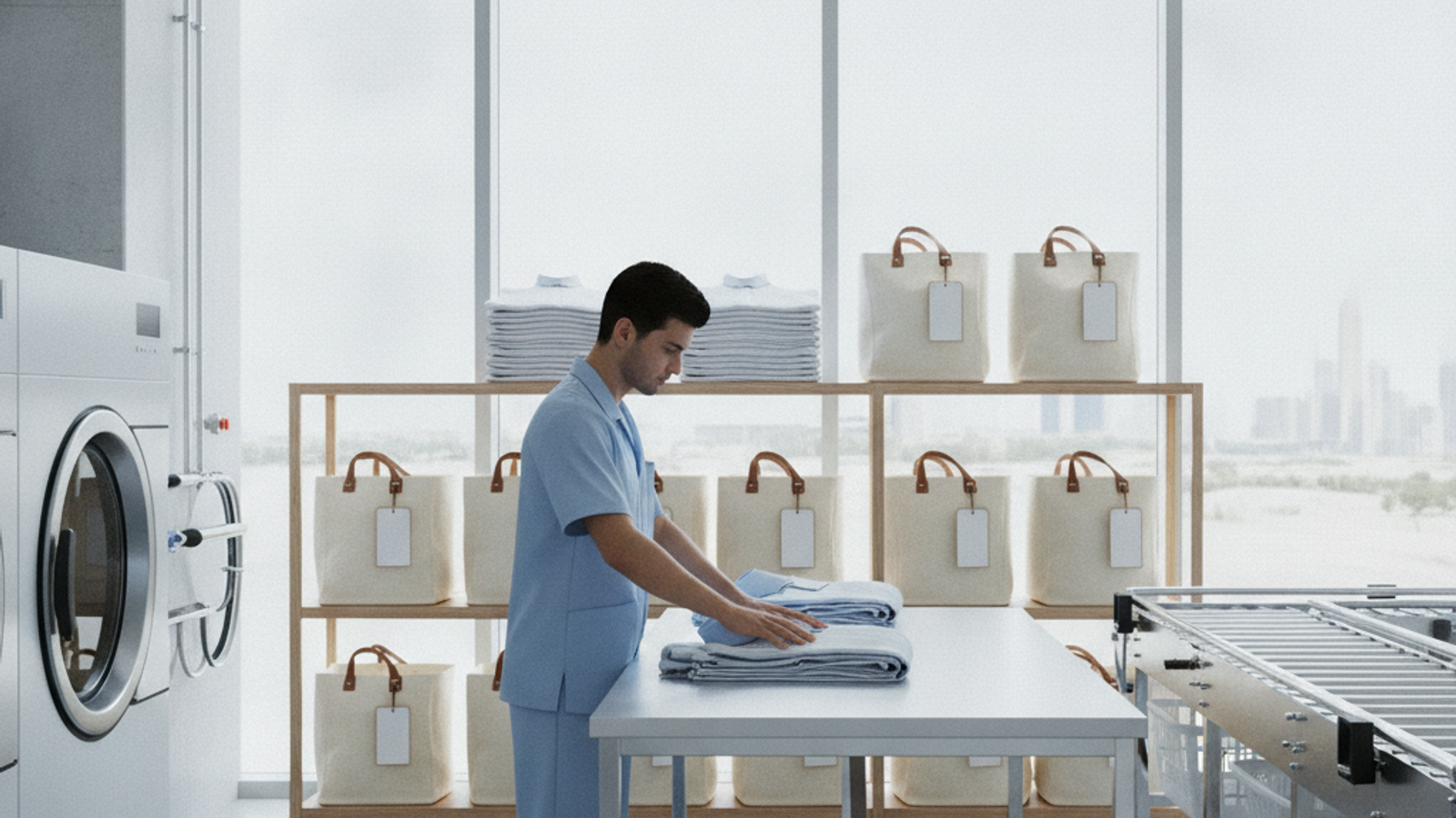 laundry staff folding clean clothes for a Dubai wash and fold pickup order