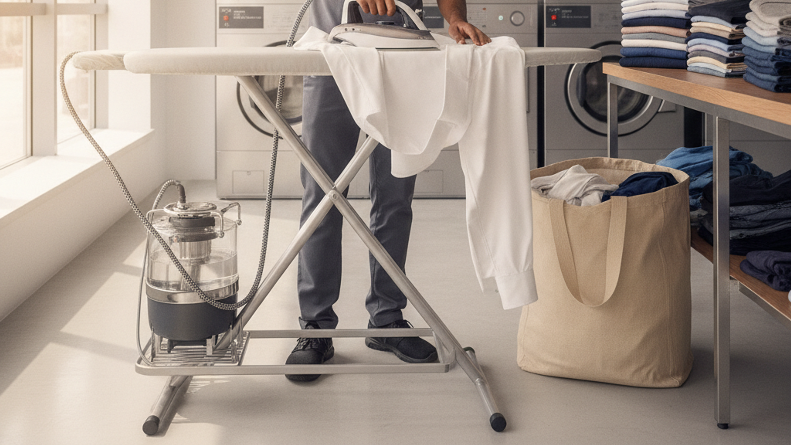 laundry worker ironing shirts for a Dubai wash and iron order