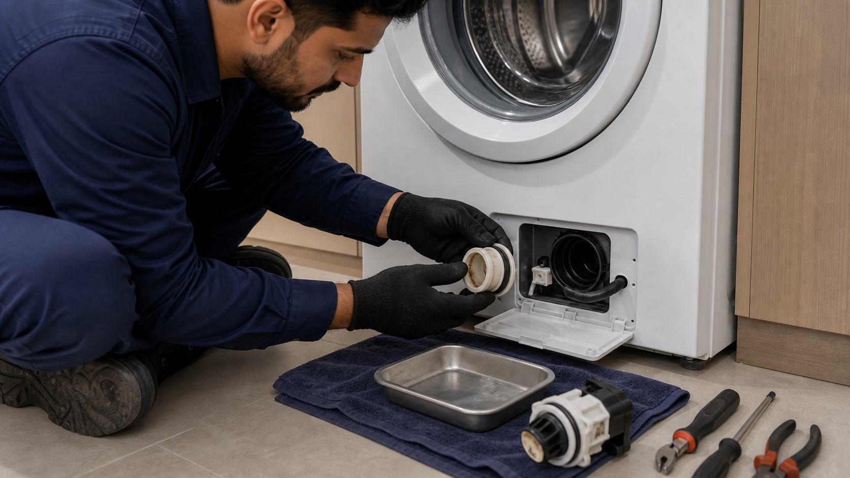 Technician removing a washing machine drain pump filter during repair in Dubai