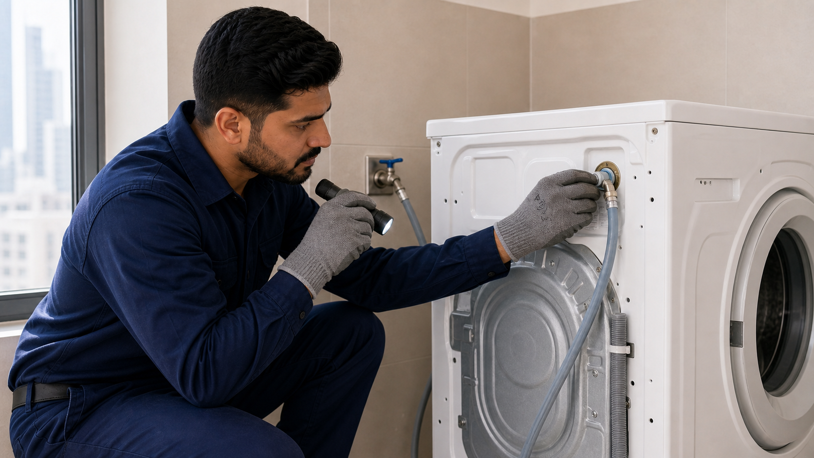 Technician checking washing machine inlet and drain hoses in a Dubai laundry room