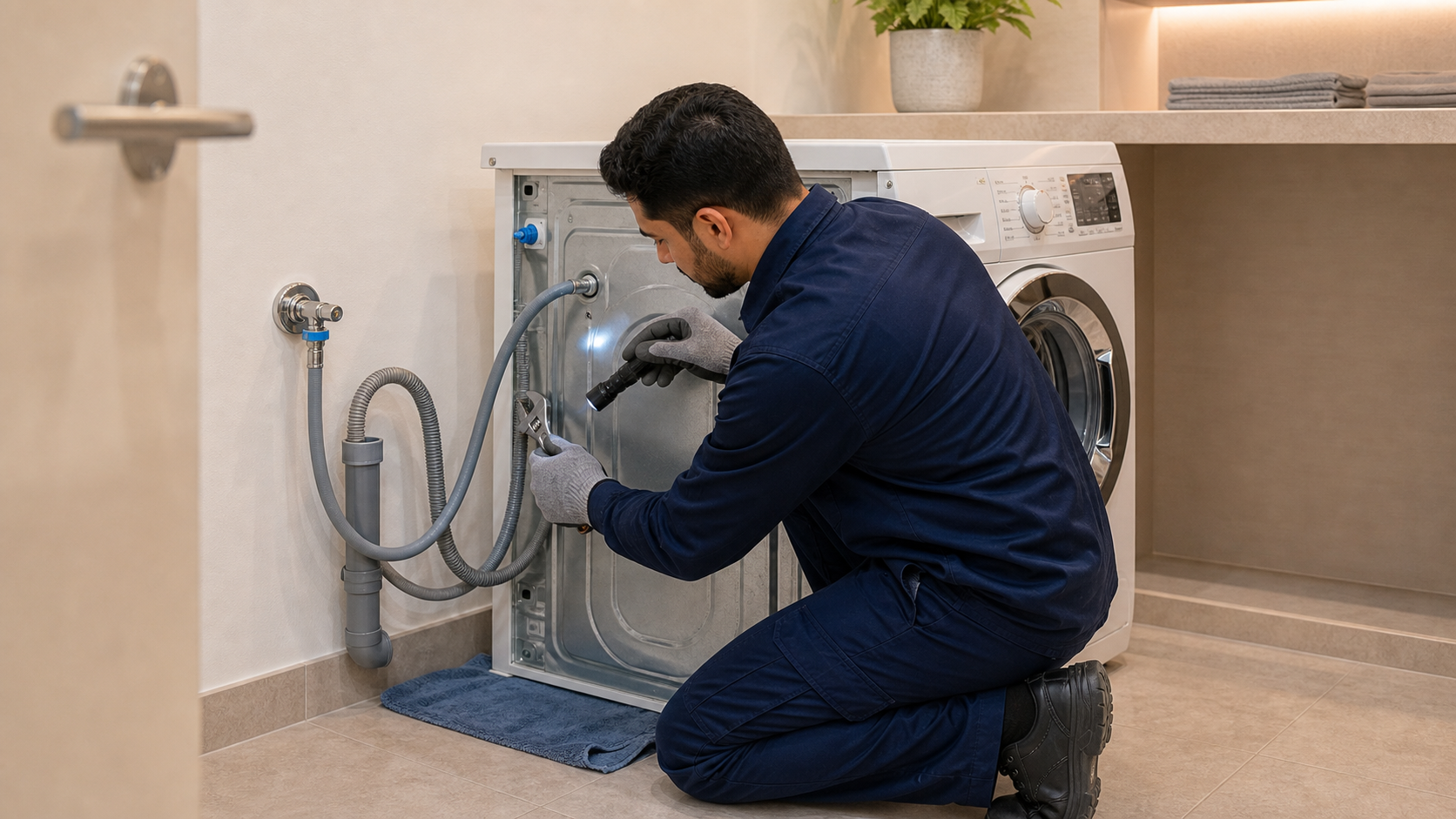 Technician checking washing machine inlet and drain hoses in a Dubai laundry room