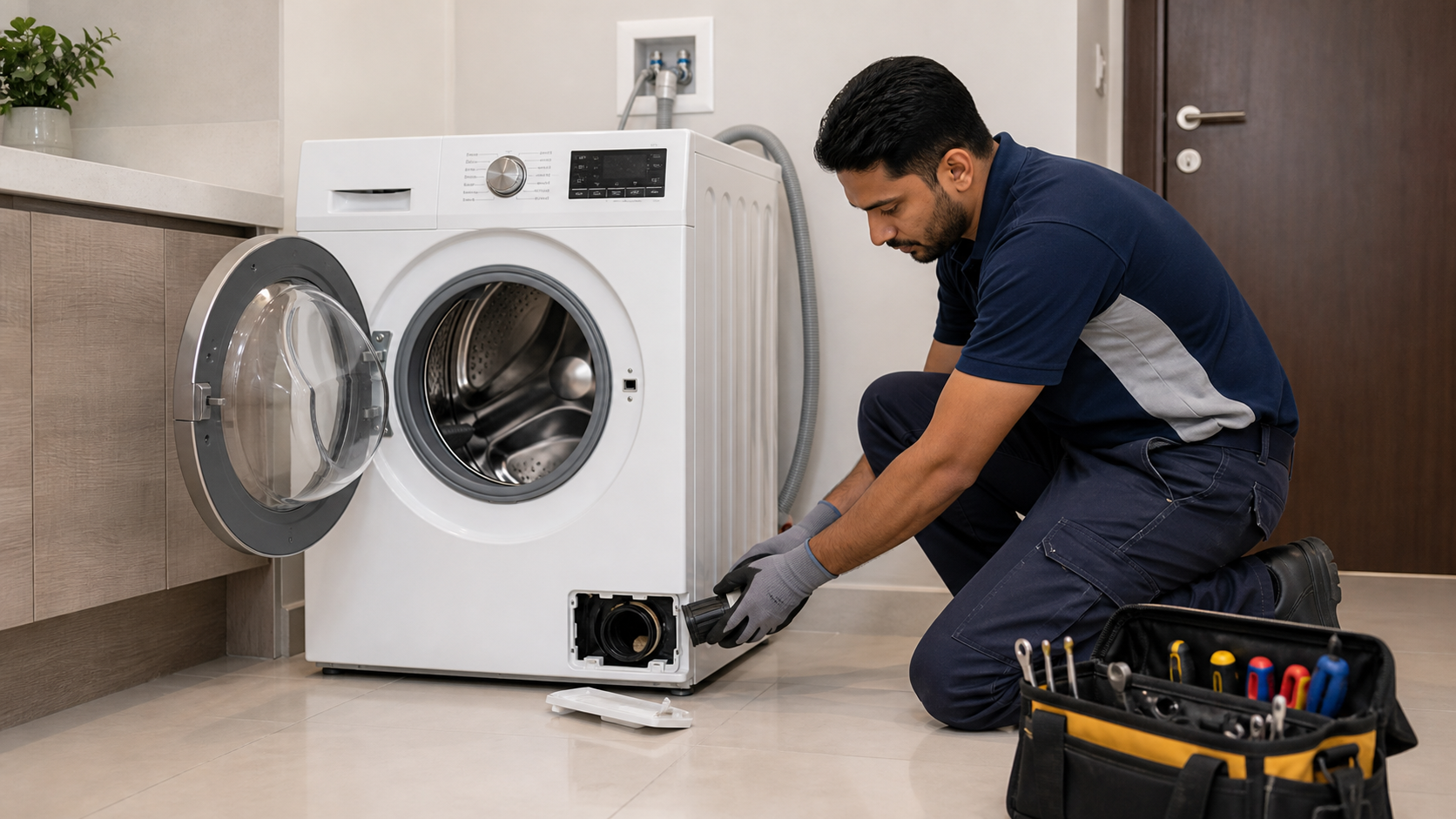 Technician repairing a washing machine in a Dubai laundry area