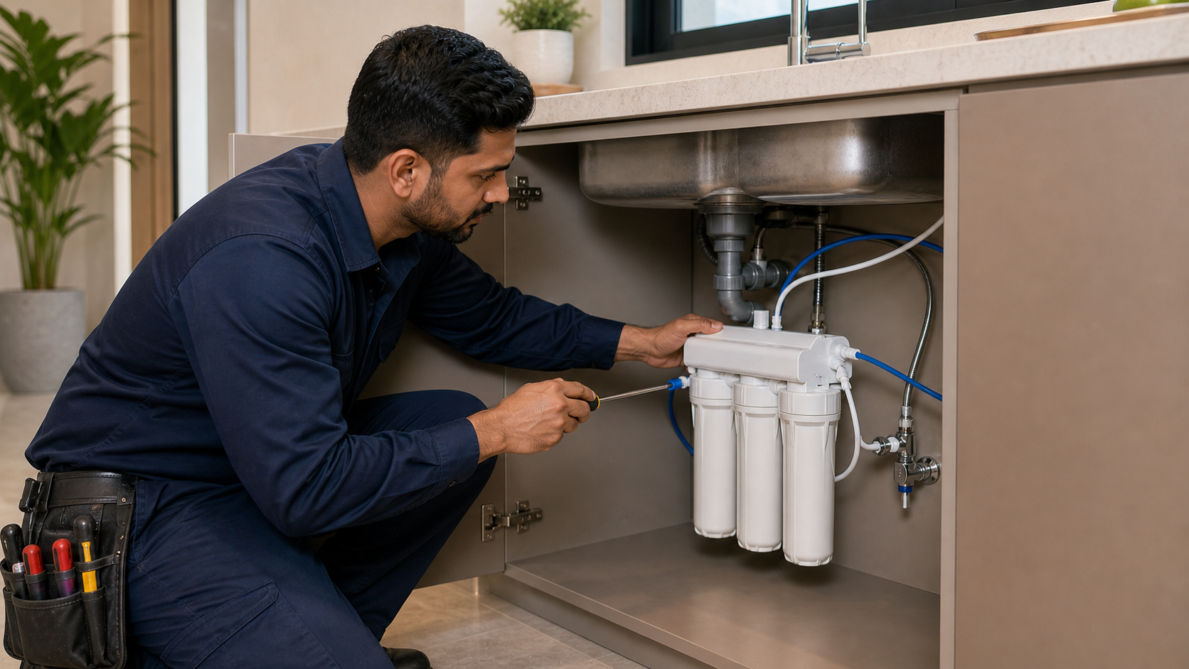 Close-up of under-sink water filter cartridges being installed in Dubai