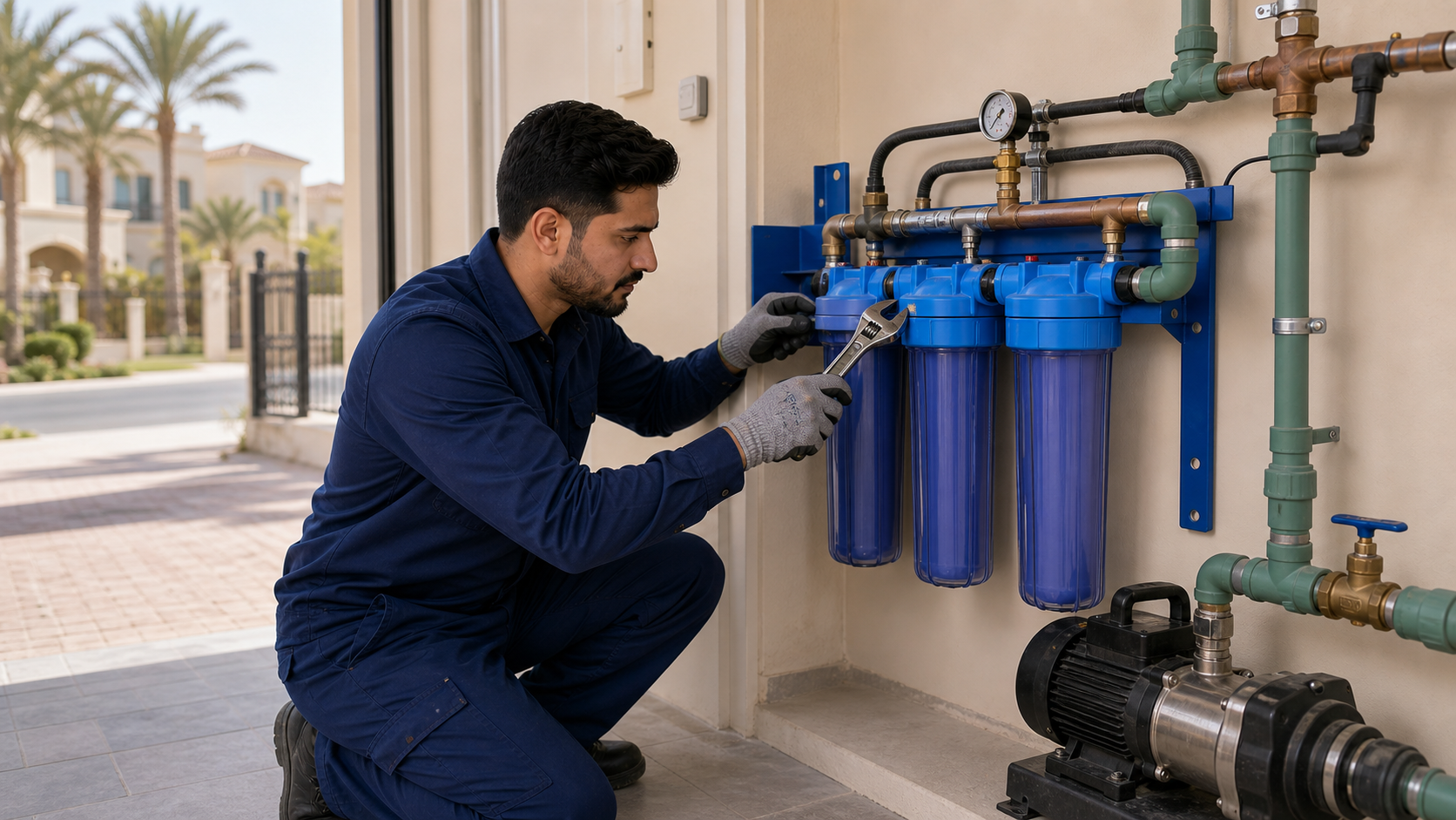 Technician checking a whole-villa water filter installed inside a Dubai villa pump room