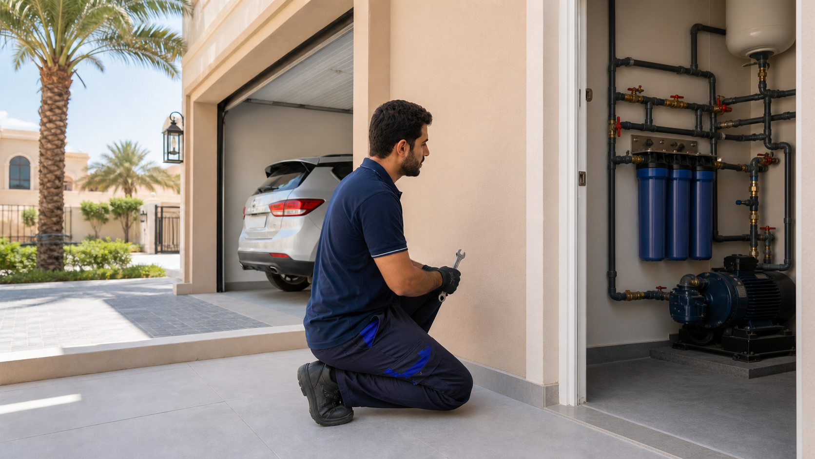 Technician checking a whole-villa water filter installed inside a Dubai villa pump room