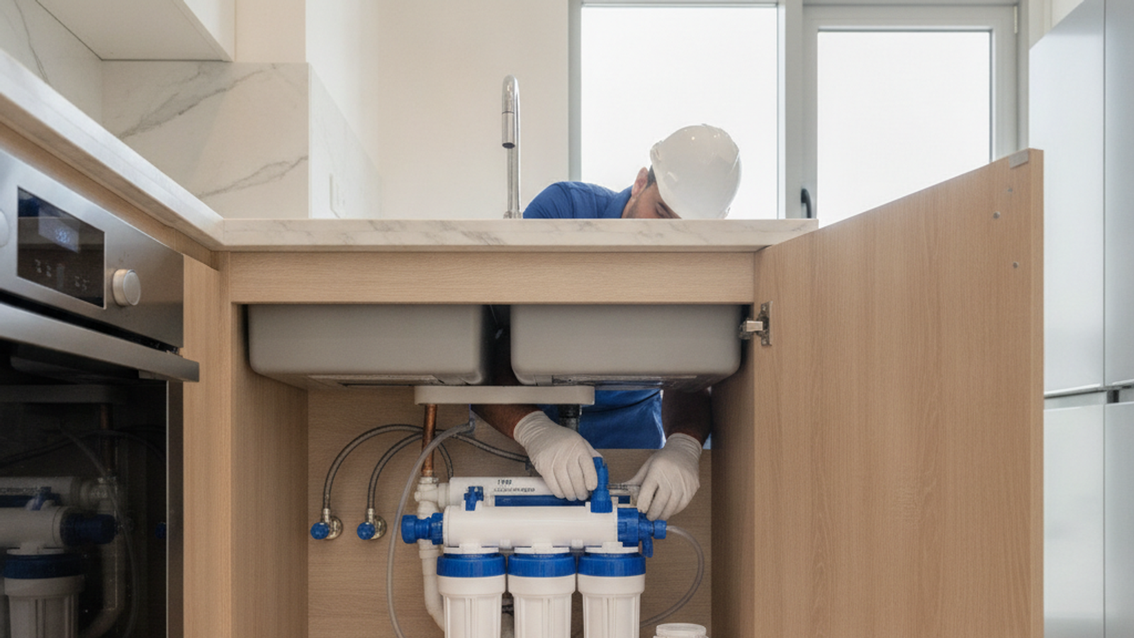 plumber installing an under-sink water filter system in Dubai