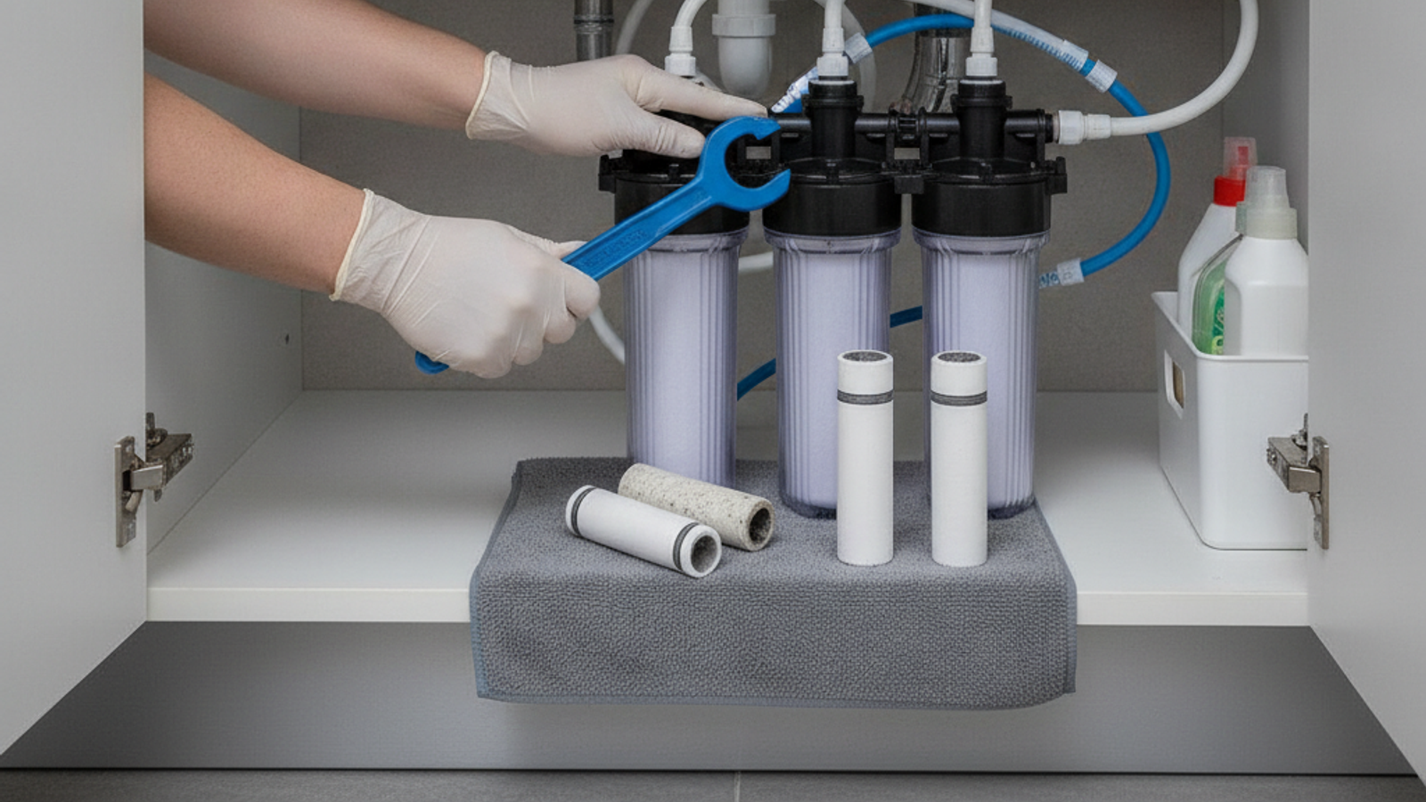 technician replacing water filter cartridges under a Dubai kitchen sink