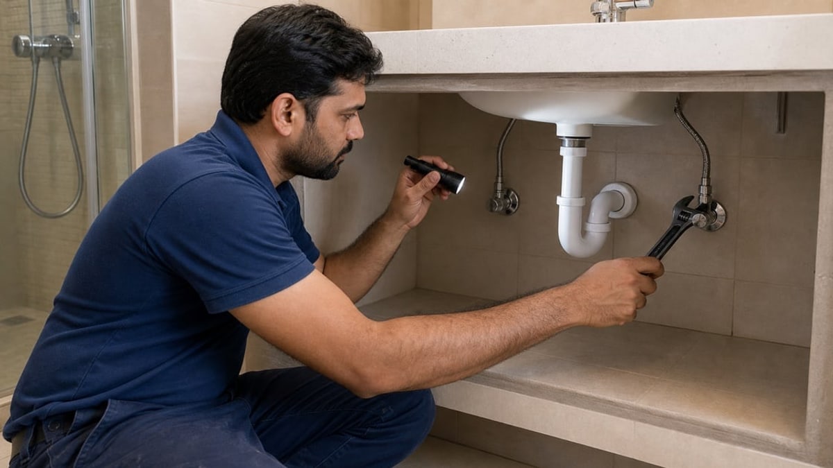 Plumber assessing fixture connections beneath a basin