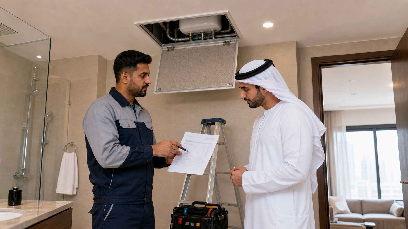 Dubai resident reviewing a concealed water heater replacement quote with a technician