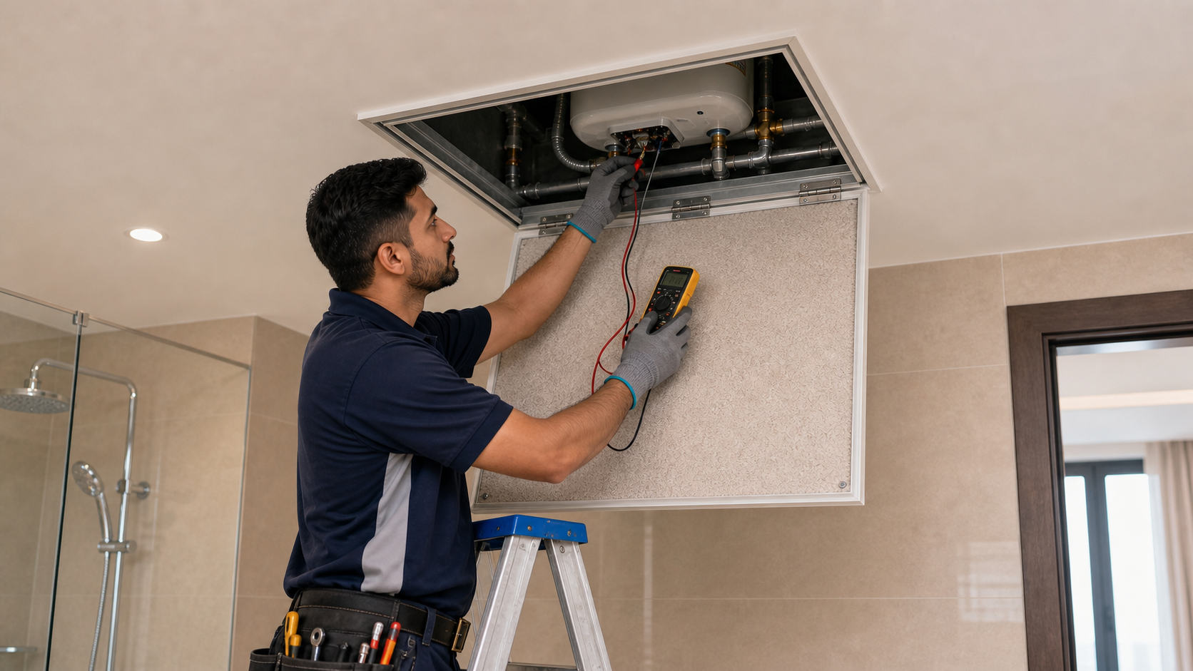 Dubai plumber testing a concealed water heater thermostat inside a false ceiling hatch