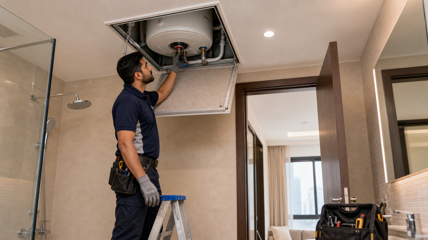 Technician repairing a residential water heater in Dubai