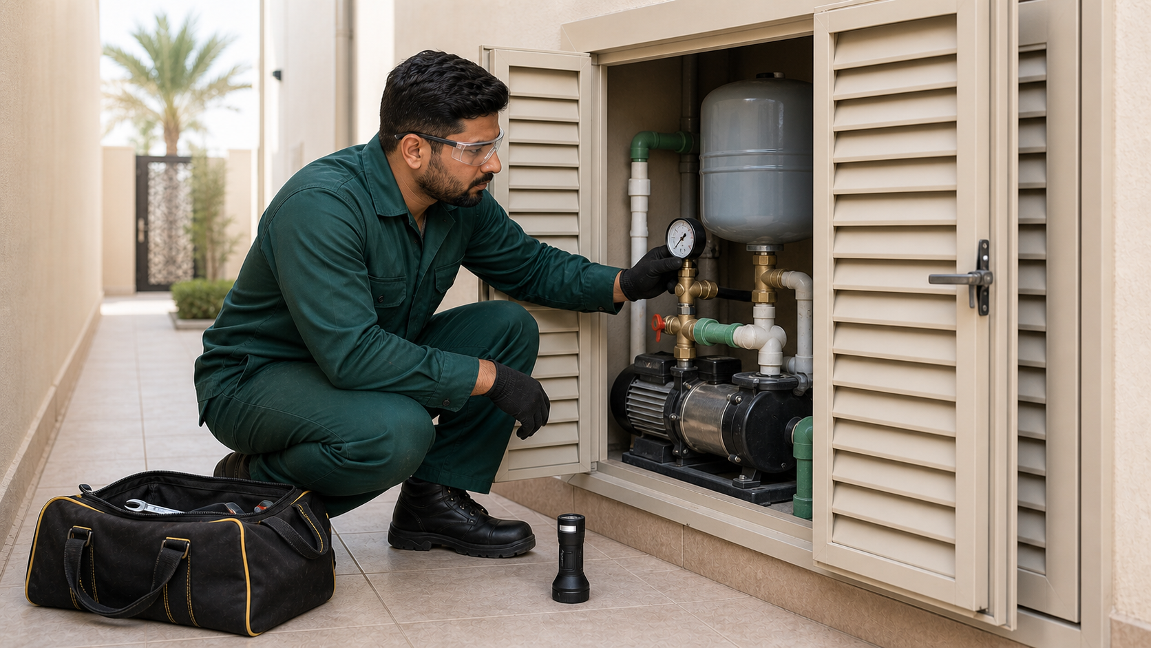 male plumber checking a pressure gauge inside an outdoor Dubai villa water pump cabinet