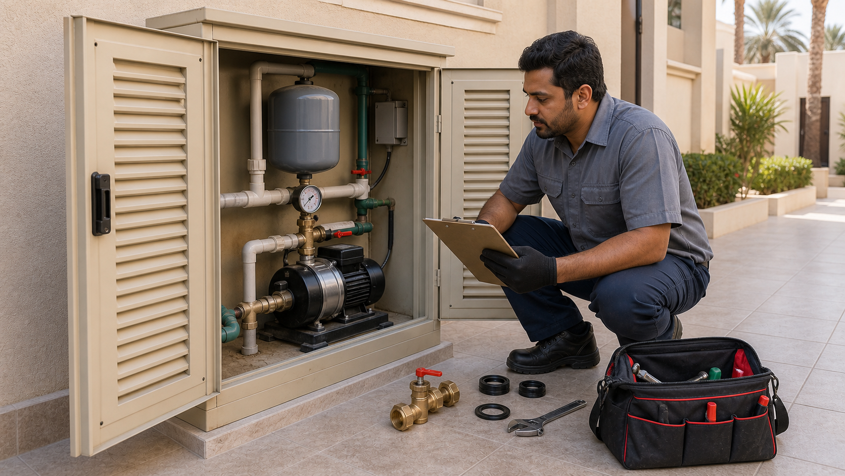 male water pump technician reviewing a written repair quote beside an open Dubai townhouse pump cabinet