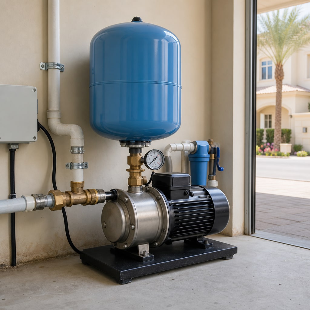 Domestic booster pump and pressure vessel fitted inside a protected villa service room