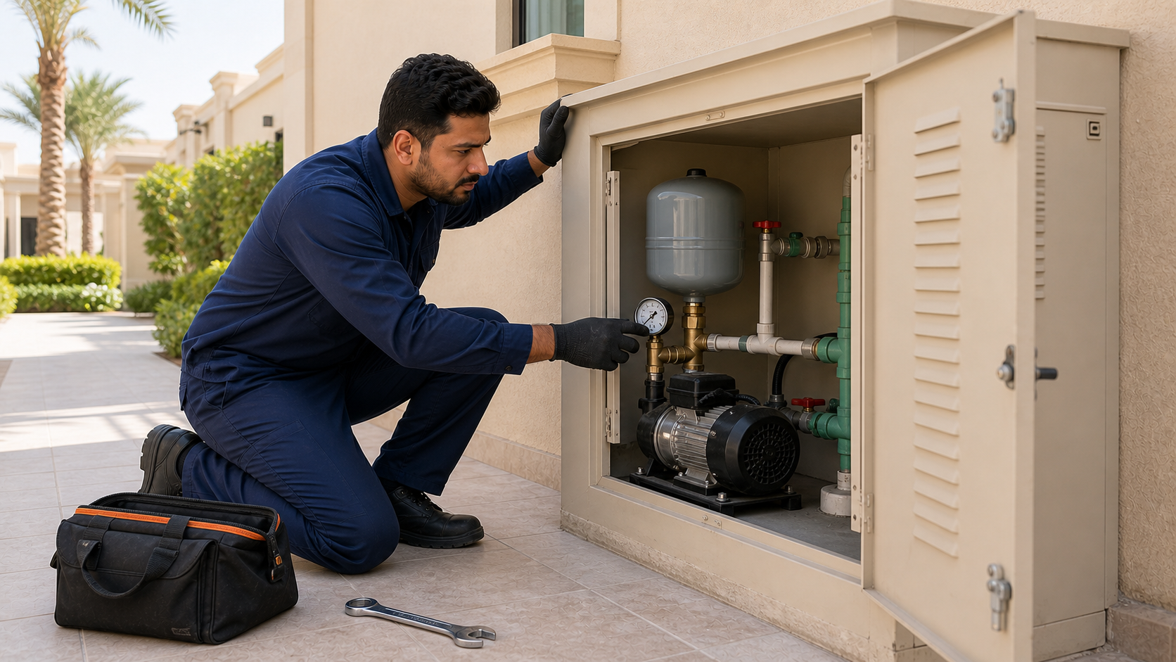 male technician diagnosing a residential booster water pump inside an outdoor Dubai villa cabinet