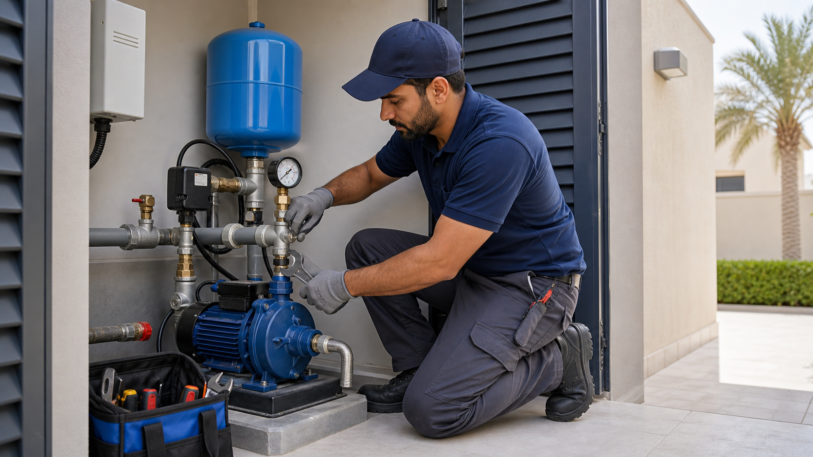 Technician repairing a residential water pump in Dubai