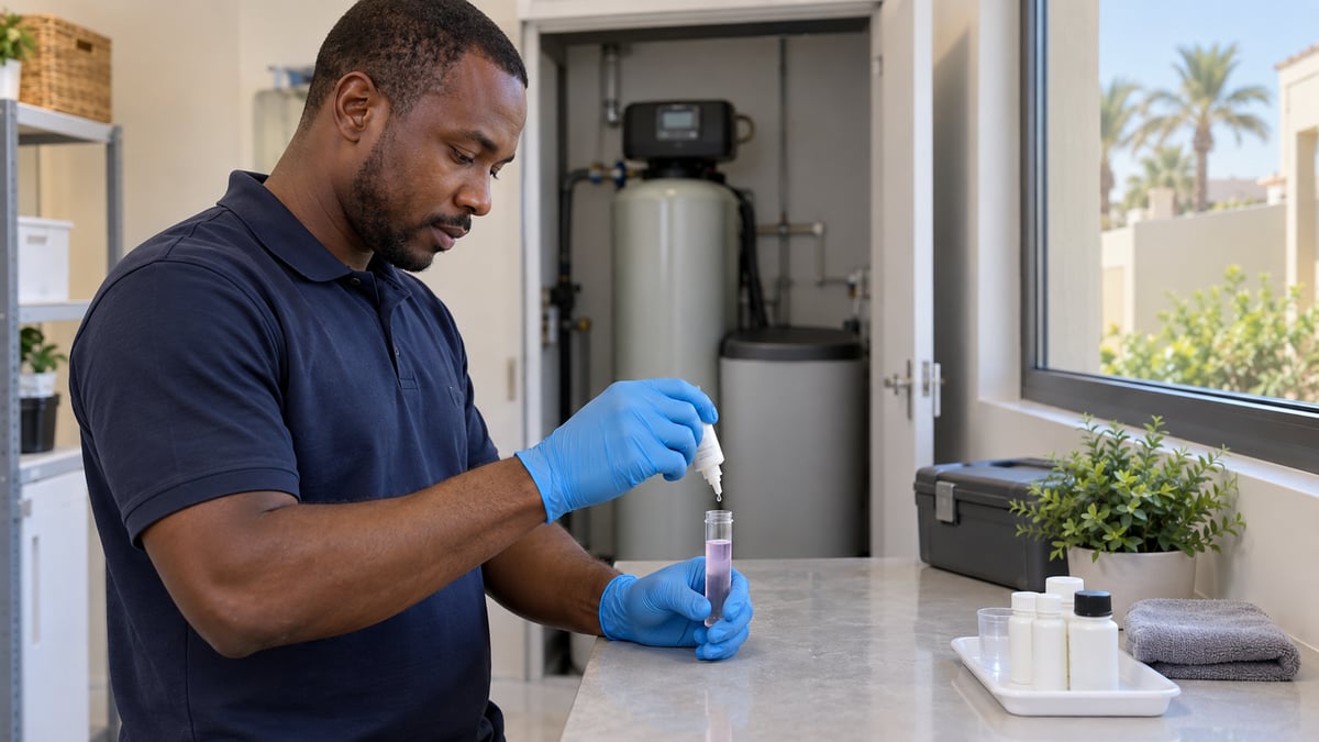 Male water-treatment technician testing a sample at a utility-room workbench
