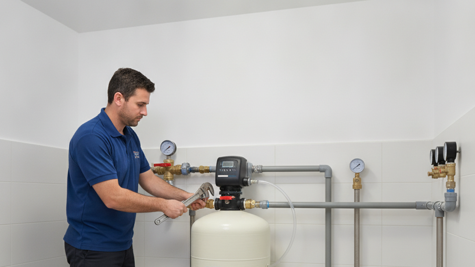 technician installing a water softener system in a Dubai villa pump room
