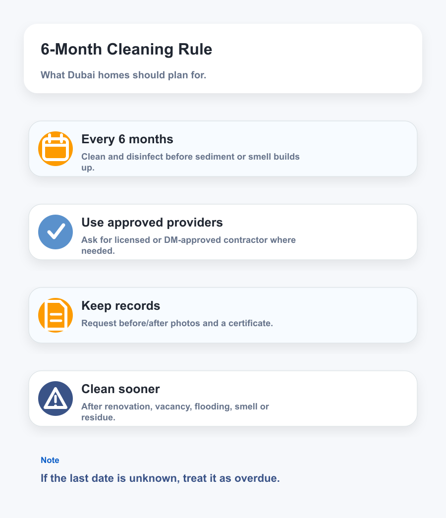 Water tank cleaning Dubai 6 month rule - Municipality benchmark certificate landlord responsibility