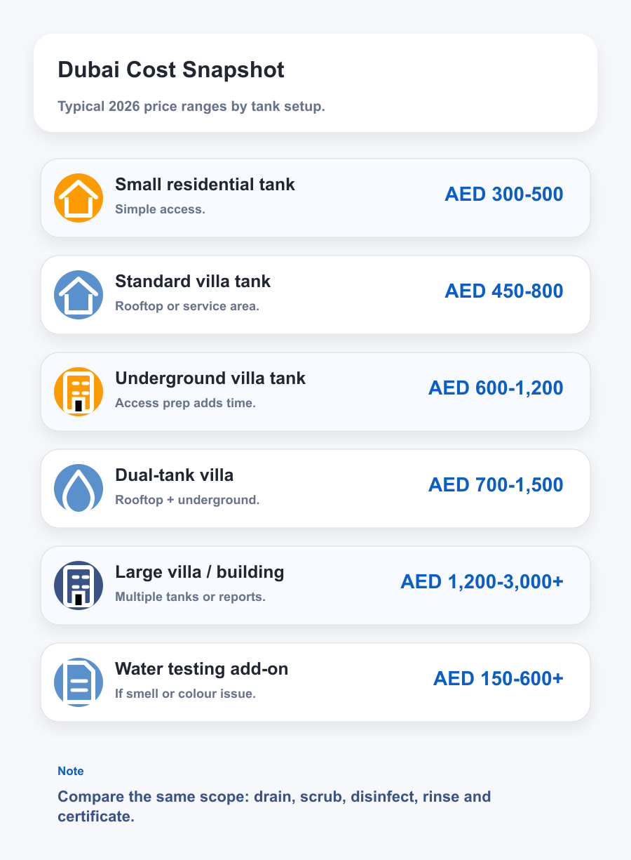 Water tank cleaning cost Dubai 2026 - villa underground apartment building testing AED ranges