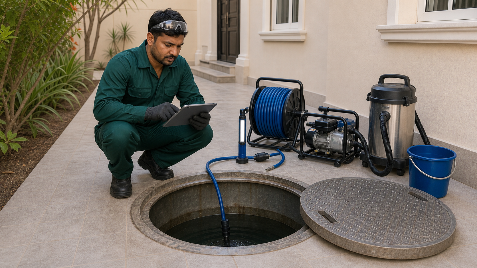 Male technician reviewing a Sharjah villa water tank cleaning quote beside manhole equipment