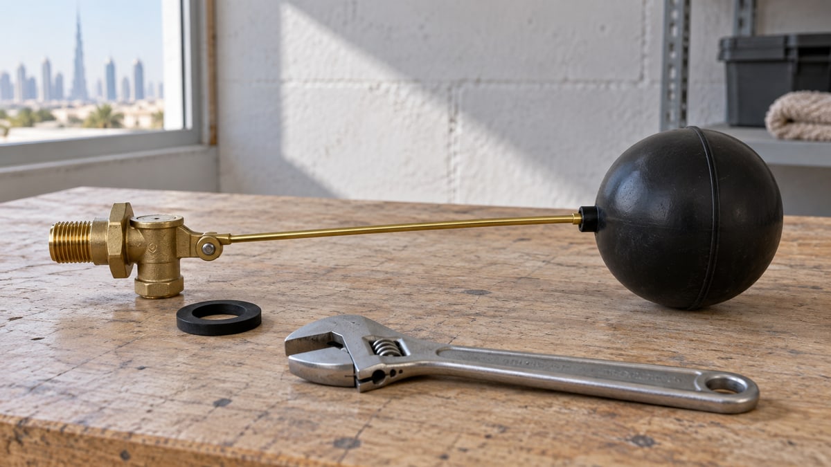 Uninstalled mechanical float valve and ball on a workbench