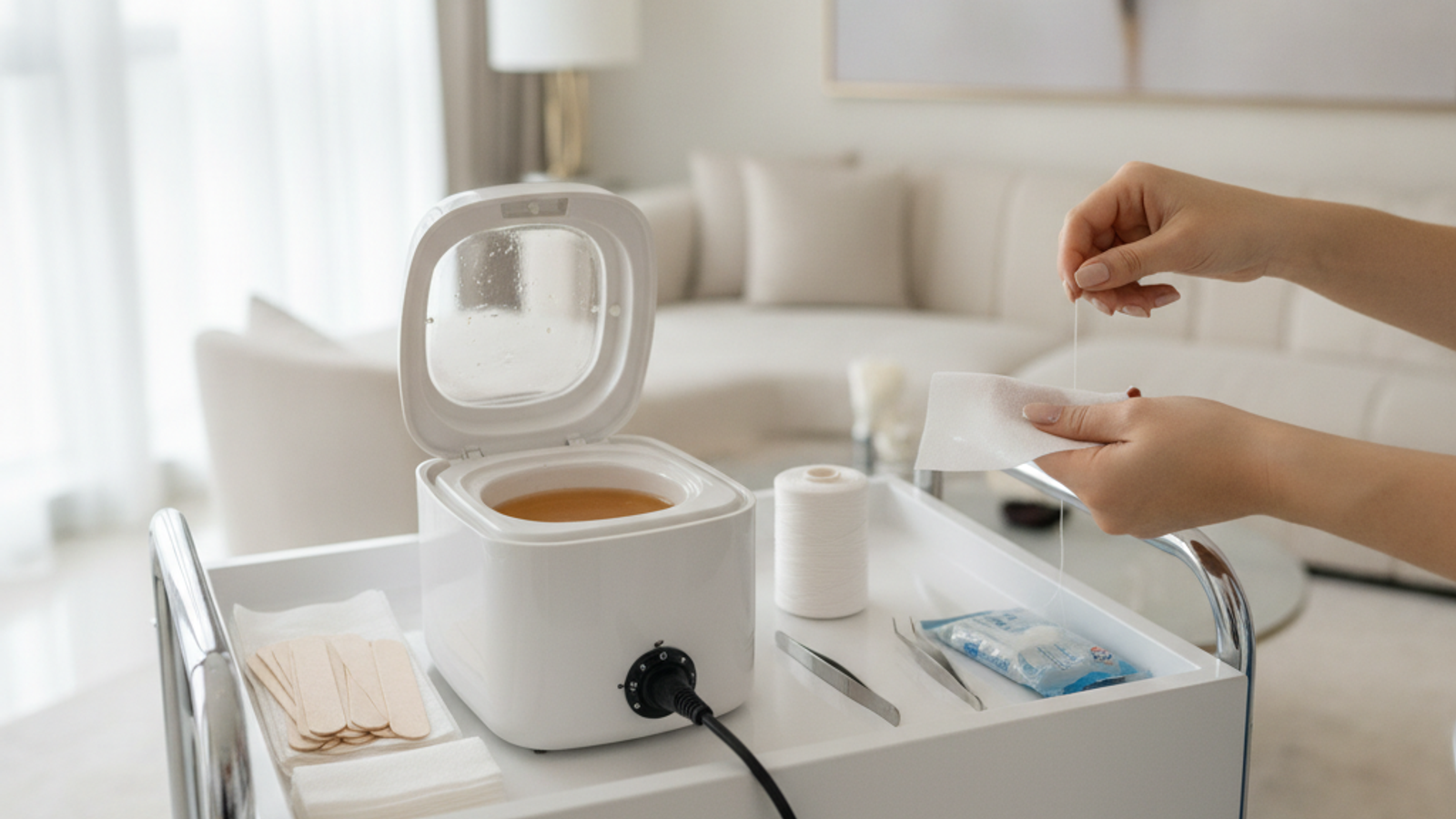 beautician preparing waxing and threading tools for a Dubai home appointment