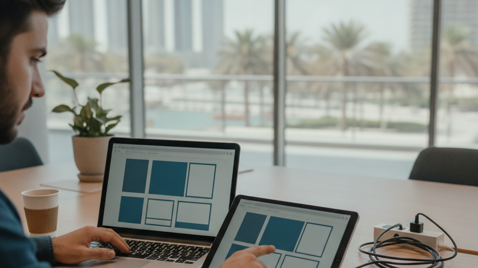 web designer reviewing blank wireframe layouts on a laptop and tablet in Dubai