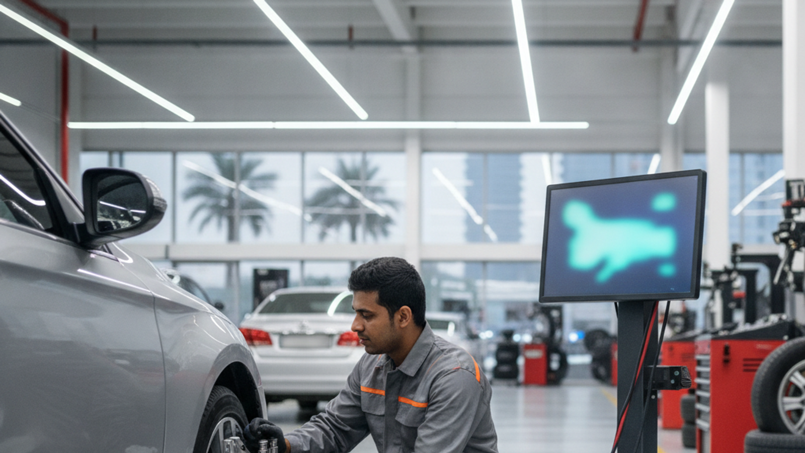 technician adjusting wheel alignment equipment on a car wheel in Dubai