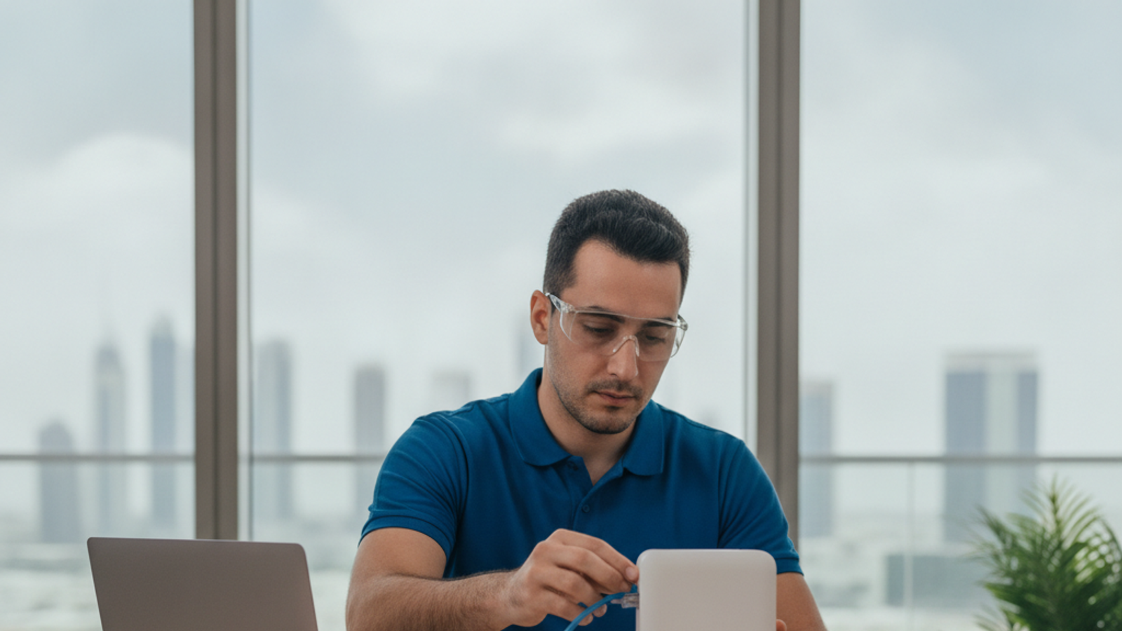 IT technician setting up a Wi-Fi router in a Dubai apartment