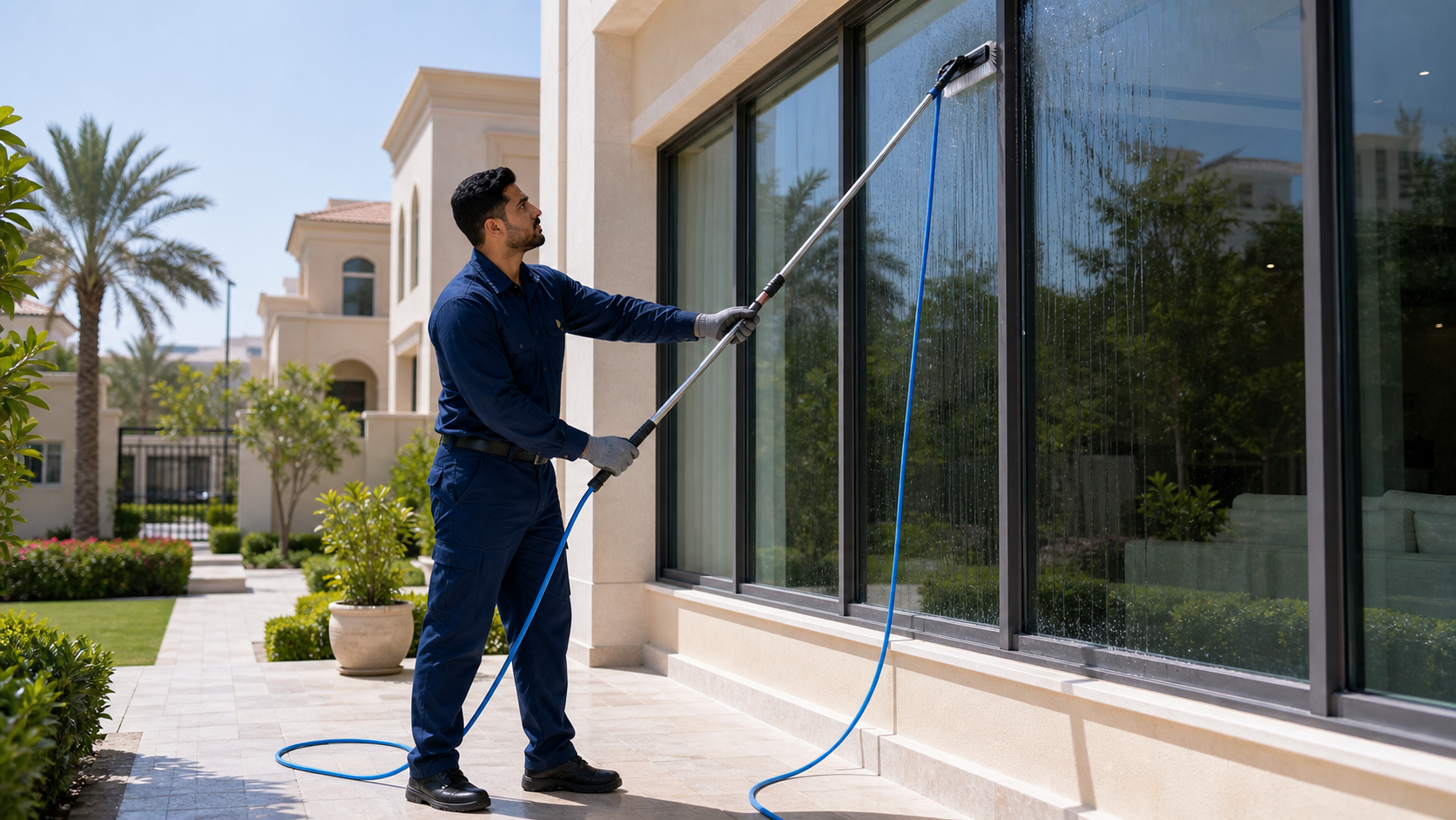 Filipina cleaner using a water fed pole on ground floor villa windows in Dubai