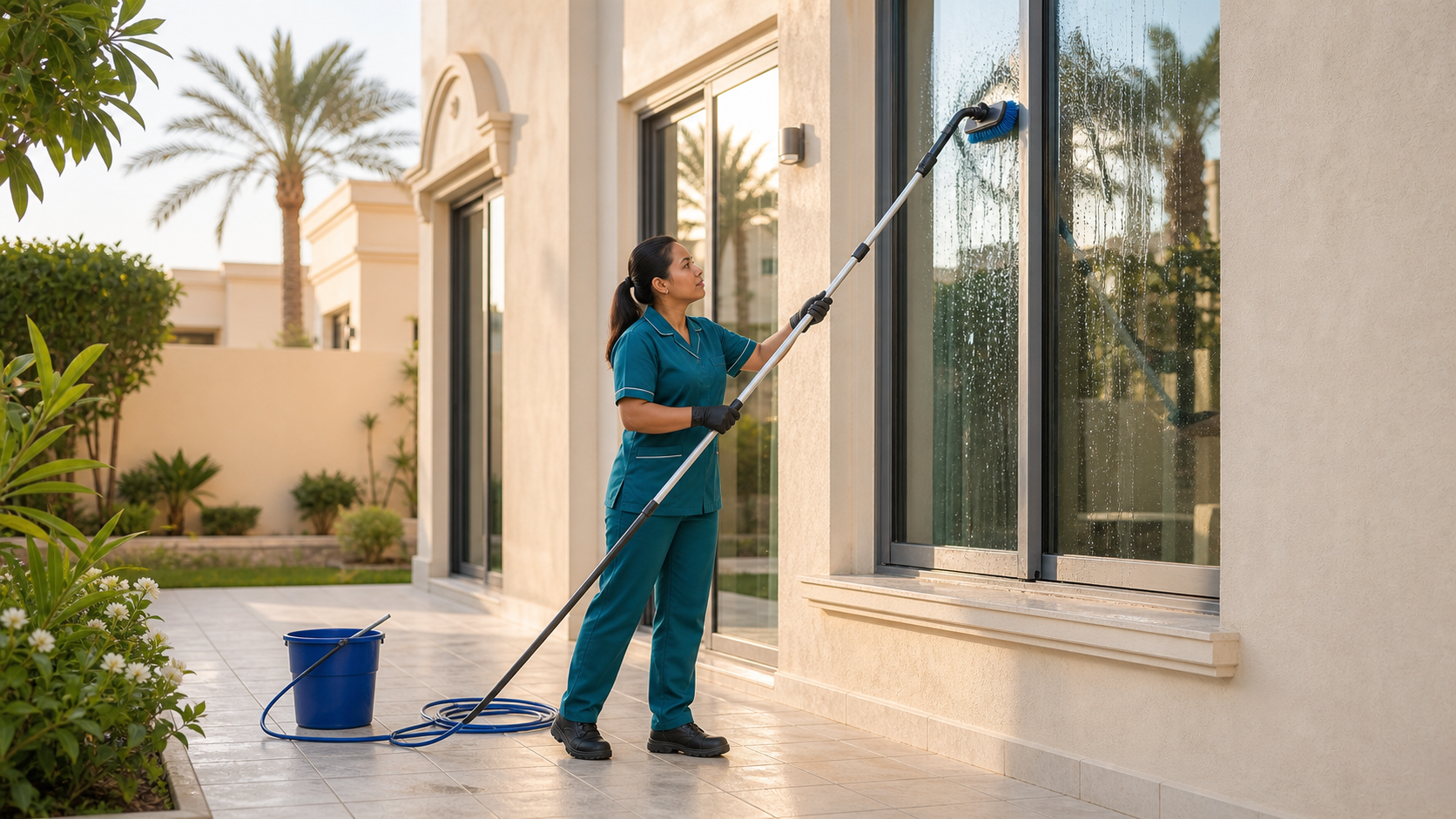 Filipina cleaner using a water fed pole on ground floor villa windows in Dubai