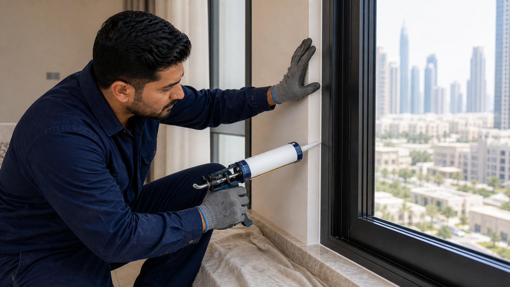 male technician applying exterior window sealant around a new frame in Dubai