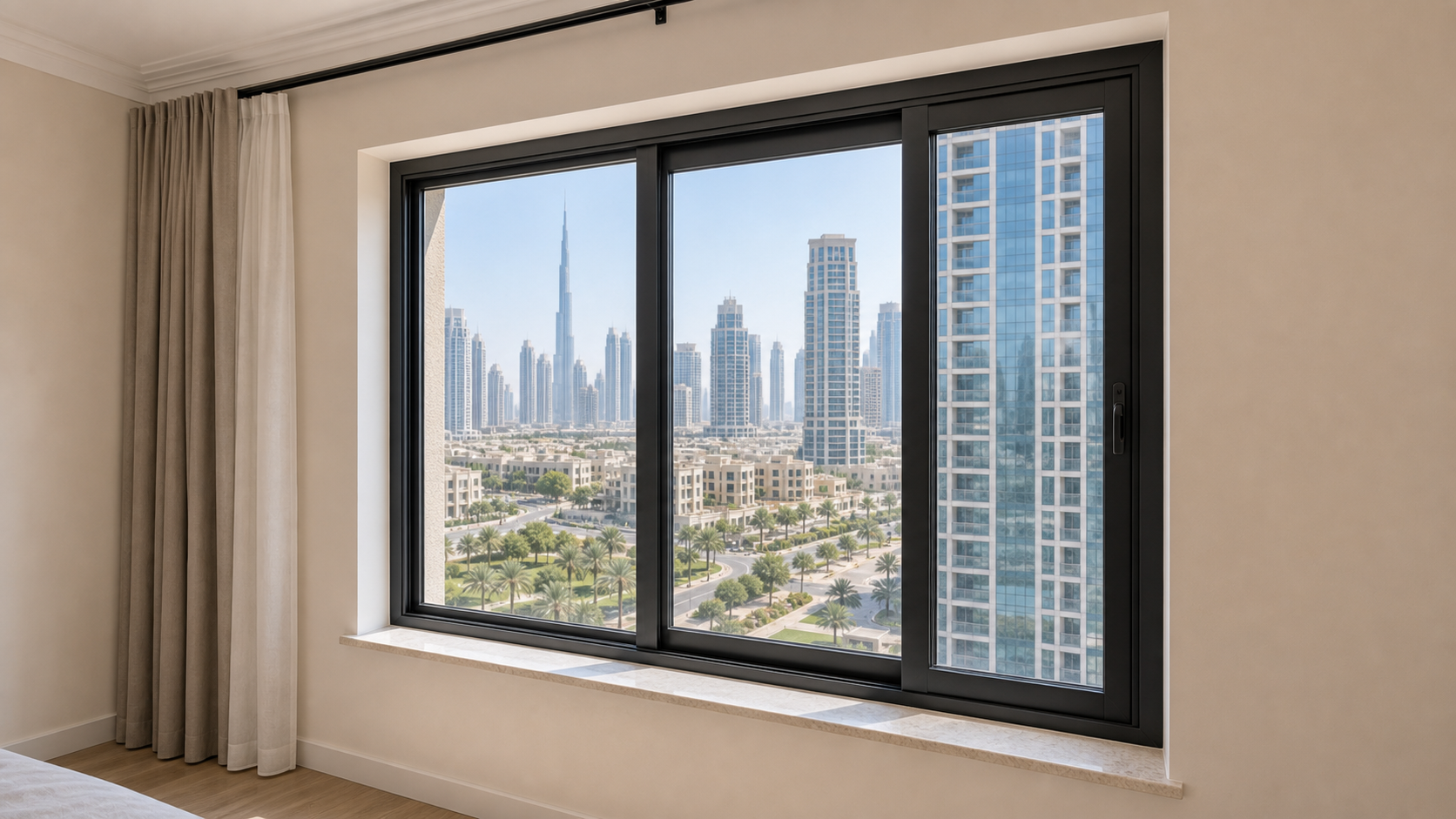 finished installed window with clean frame and glass seal in a Dubai home