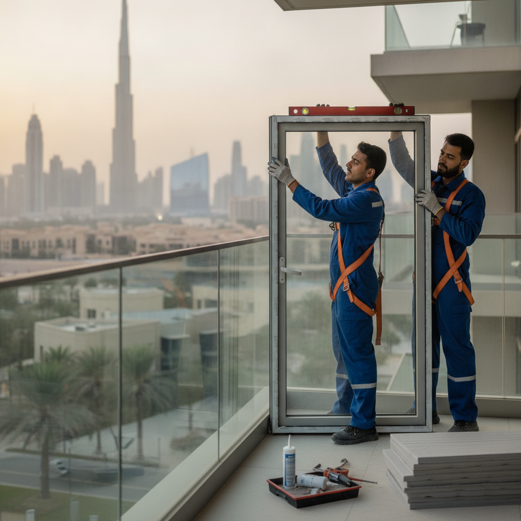 two technicians installing an aluminium window frame in a Dubai apartment