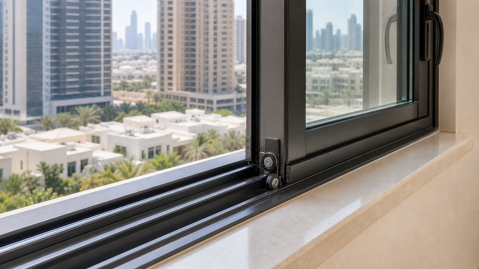finished repaired sliding window with clean track and seal in a Dubai home