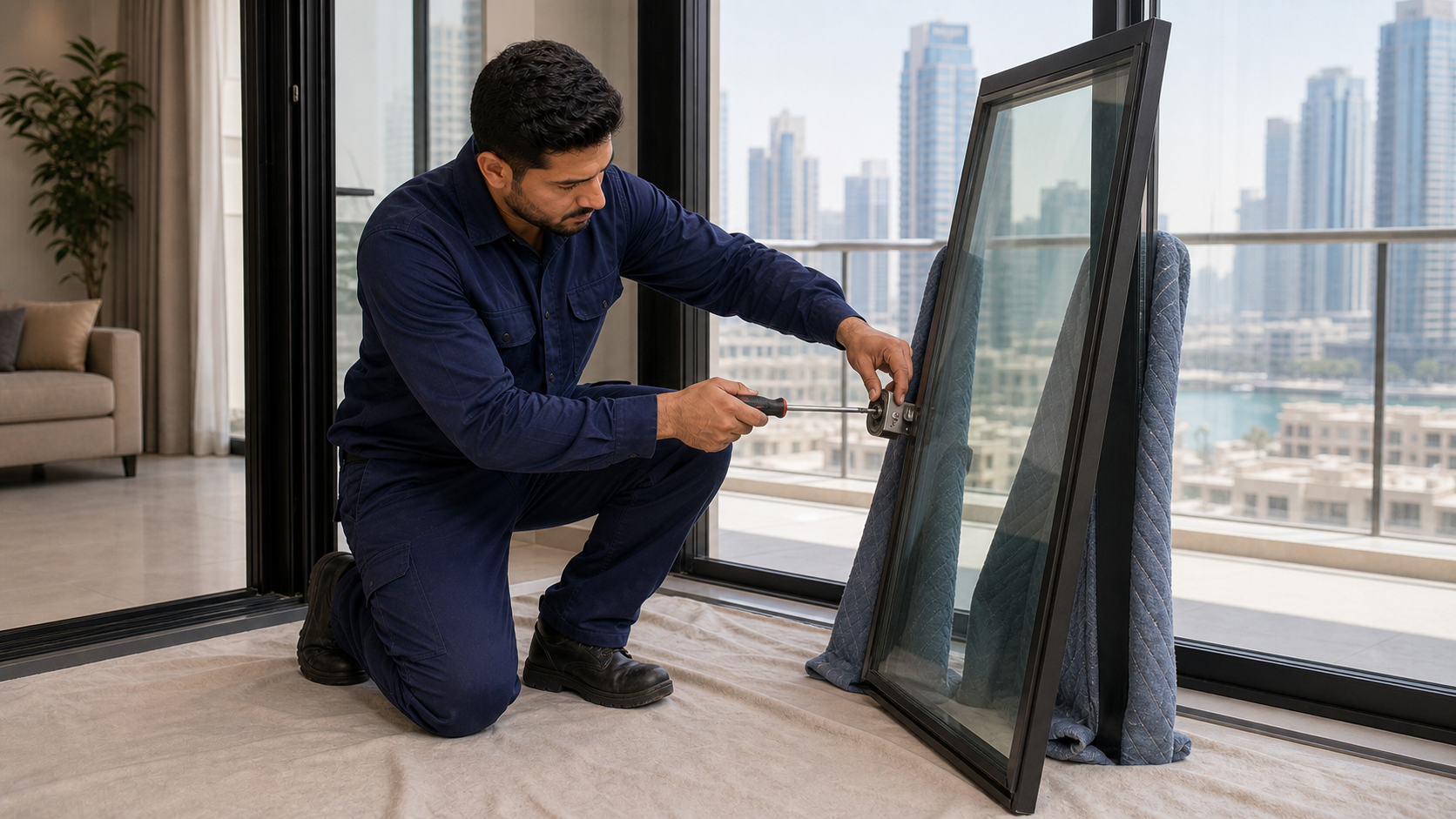 male technician repairing a sliding window roller in a Dubai apartment