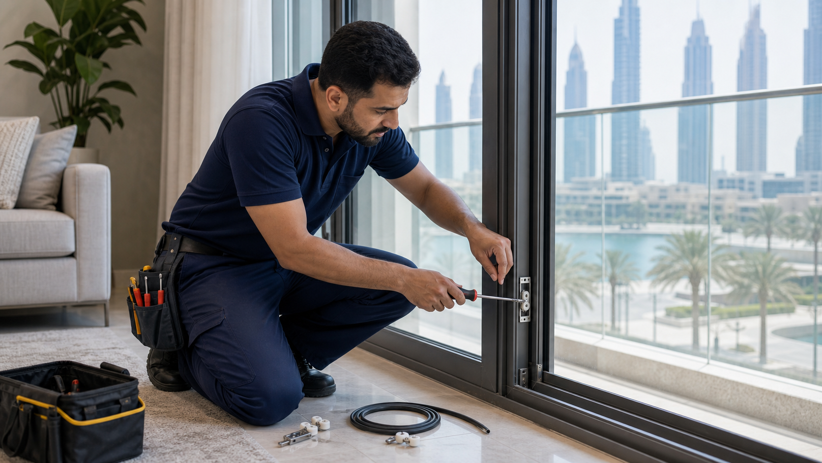 handyman repairing a sliding window track in a Dubai apartment