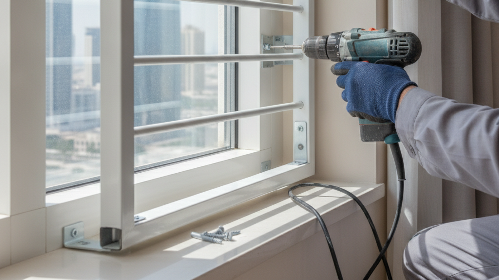technician installing a window safety guard in a Dubai apartment