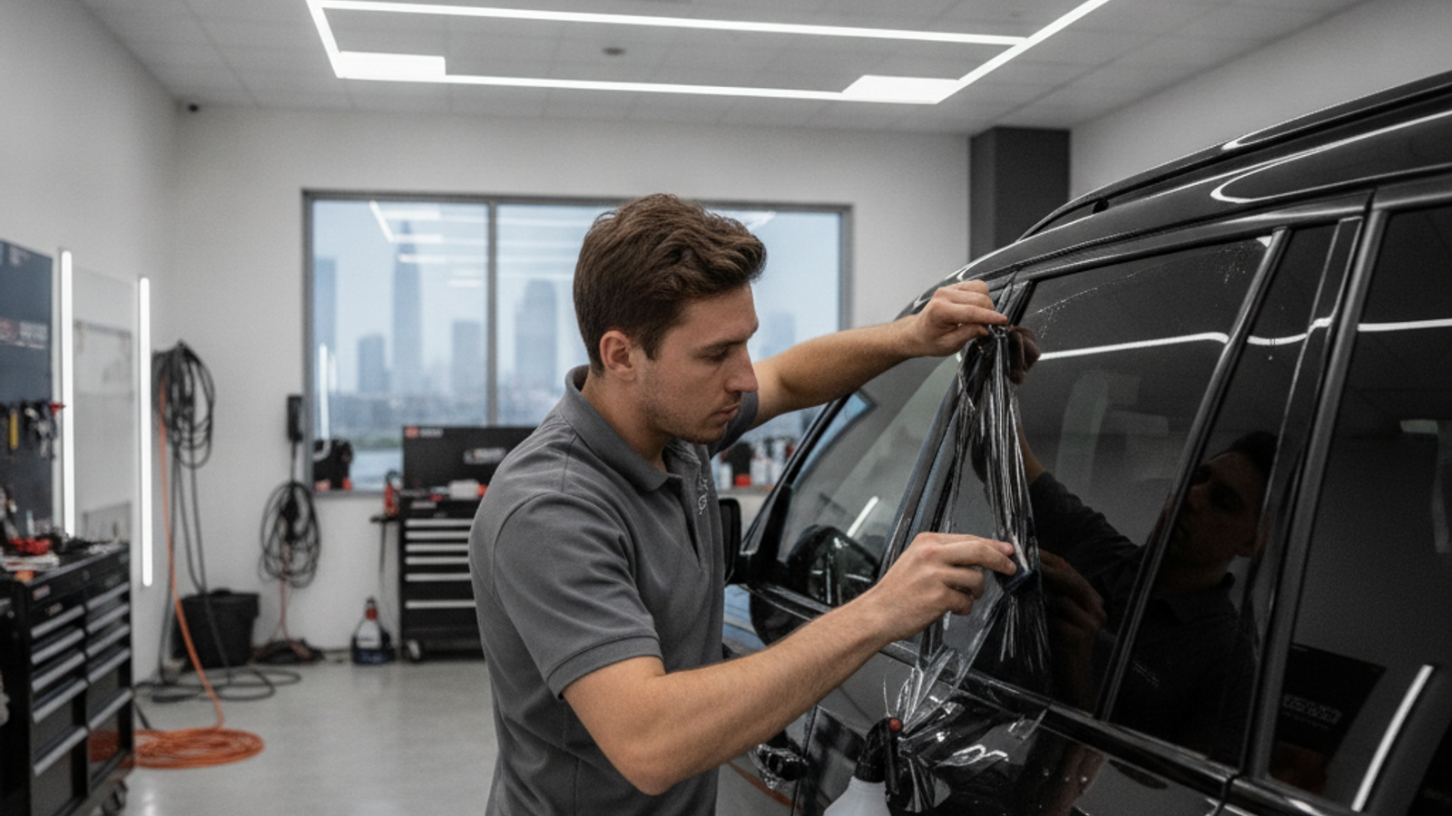 installer applying window tint film with a squeegee on a car in Dubai