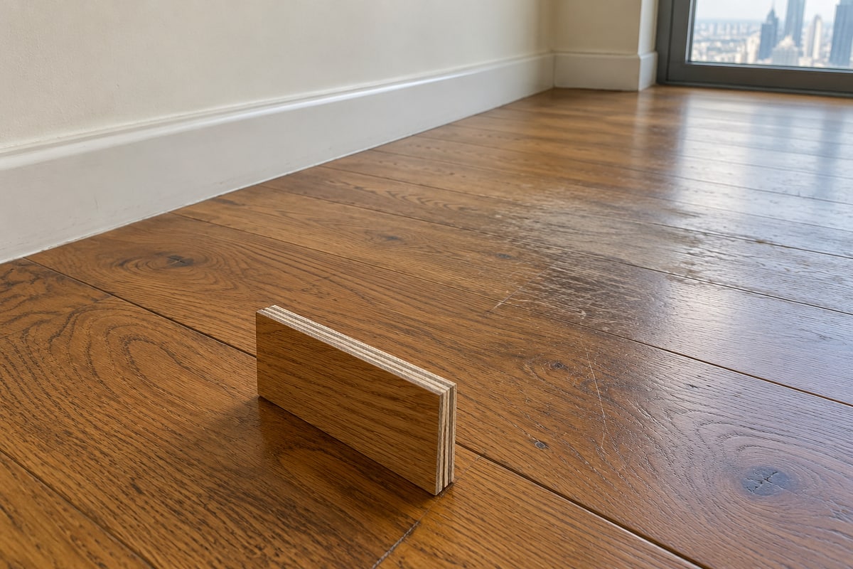 A loose layered wood sample beside visible surface wear on an existing timber floor.
