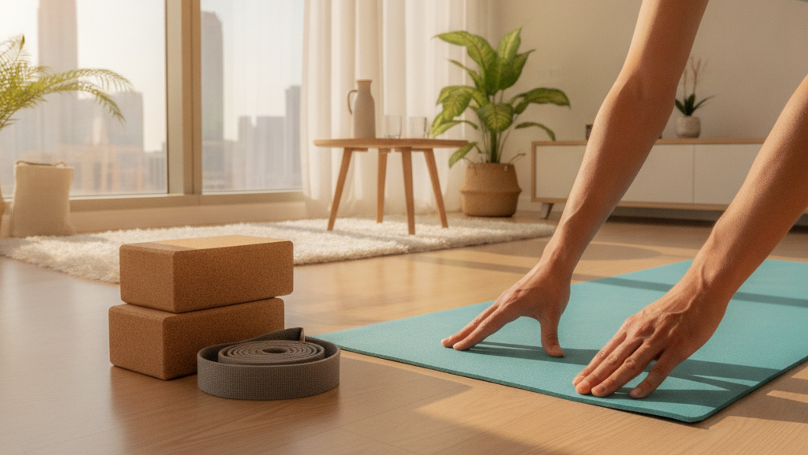 yoga instructor preparing mat and props for Dubai session