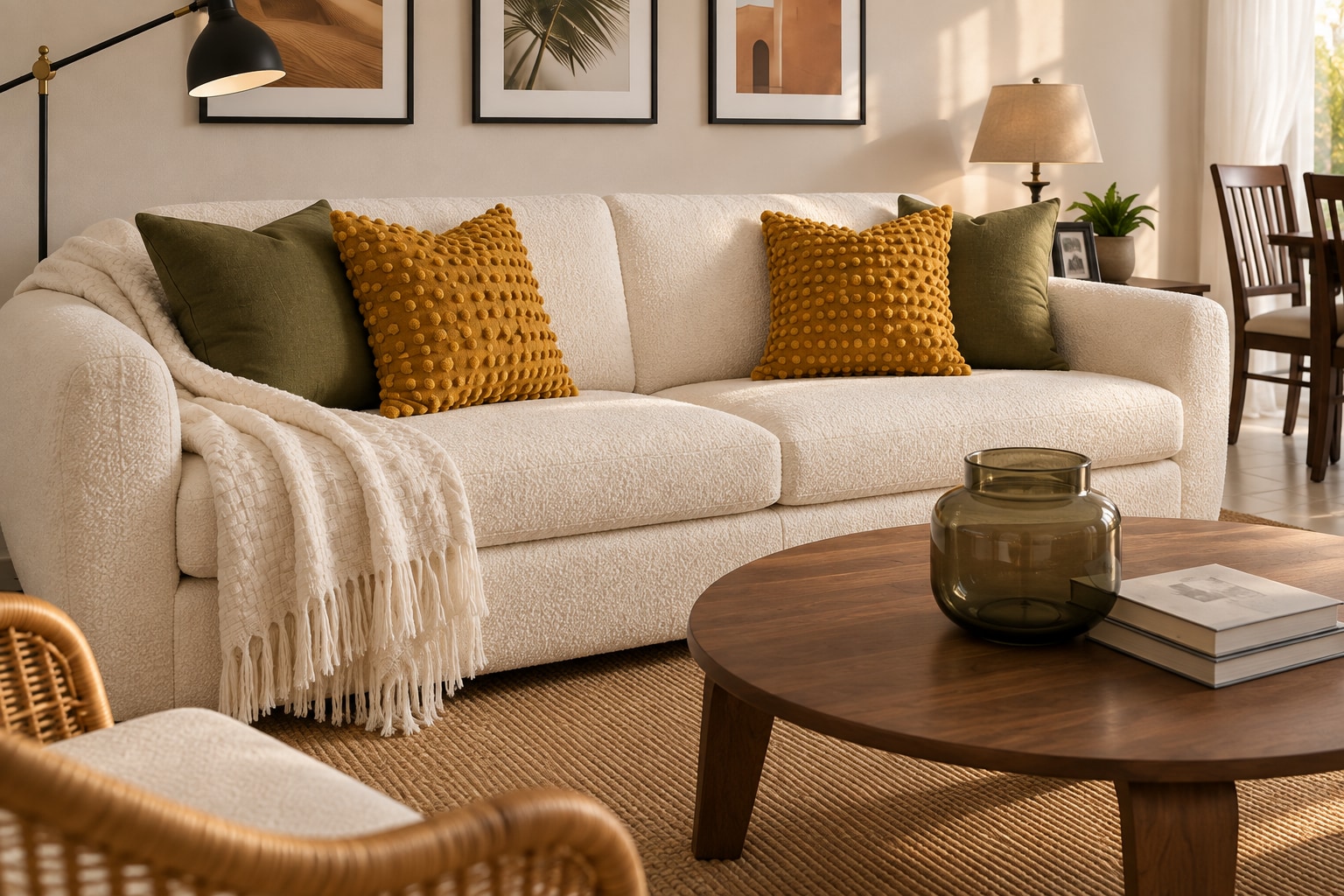 AI detail: olive and yellow cushions, an off-white throw and a glass vase soften a neutral sofa.