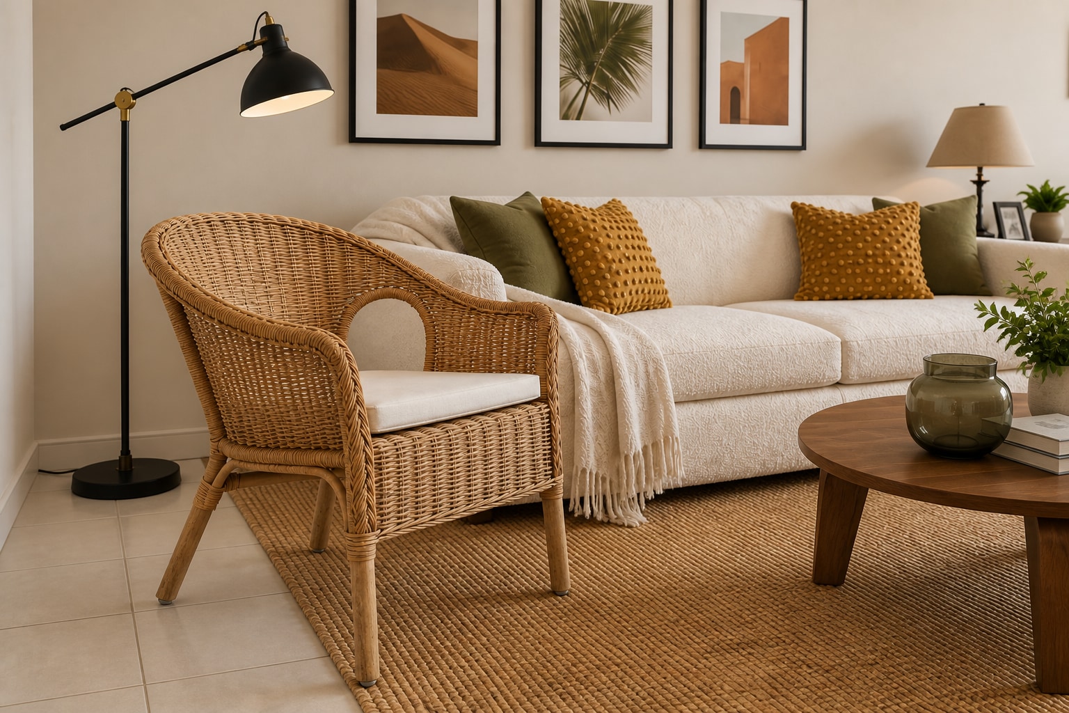 AI detail: a rattan armchair and black floor lamp create a reading corner beside the sofa.
